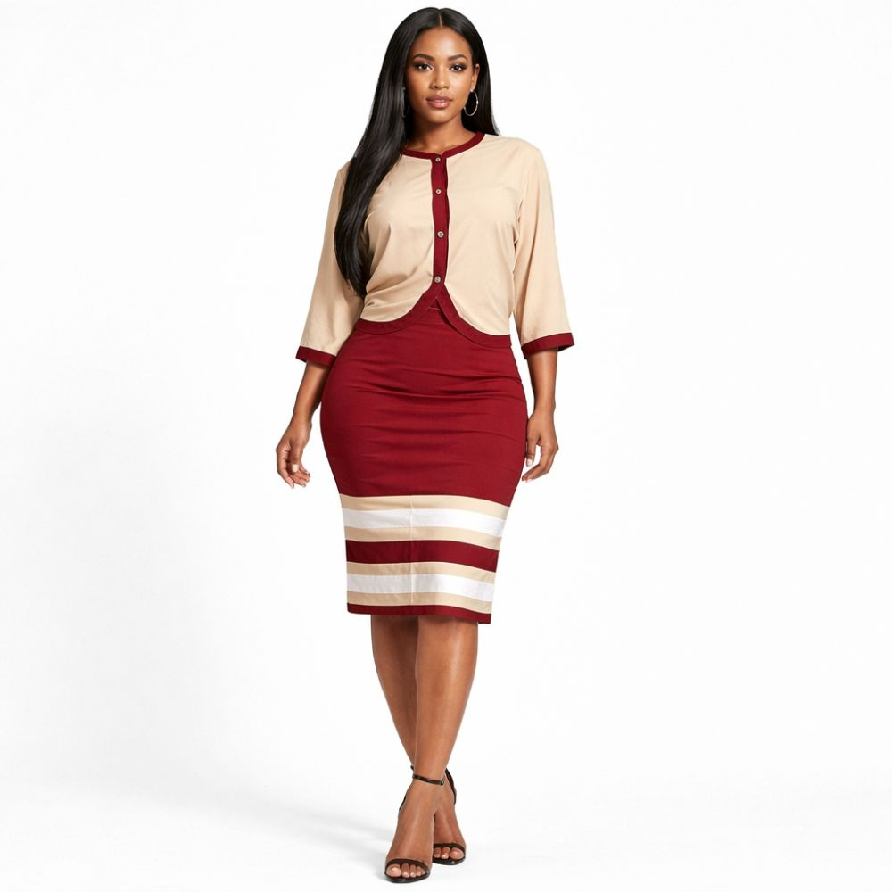 Beige and Burgundy TwoPiece Skirt Set with ButtonUp Top